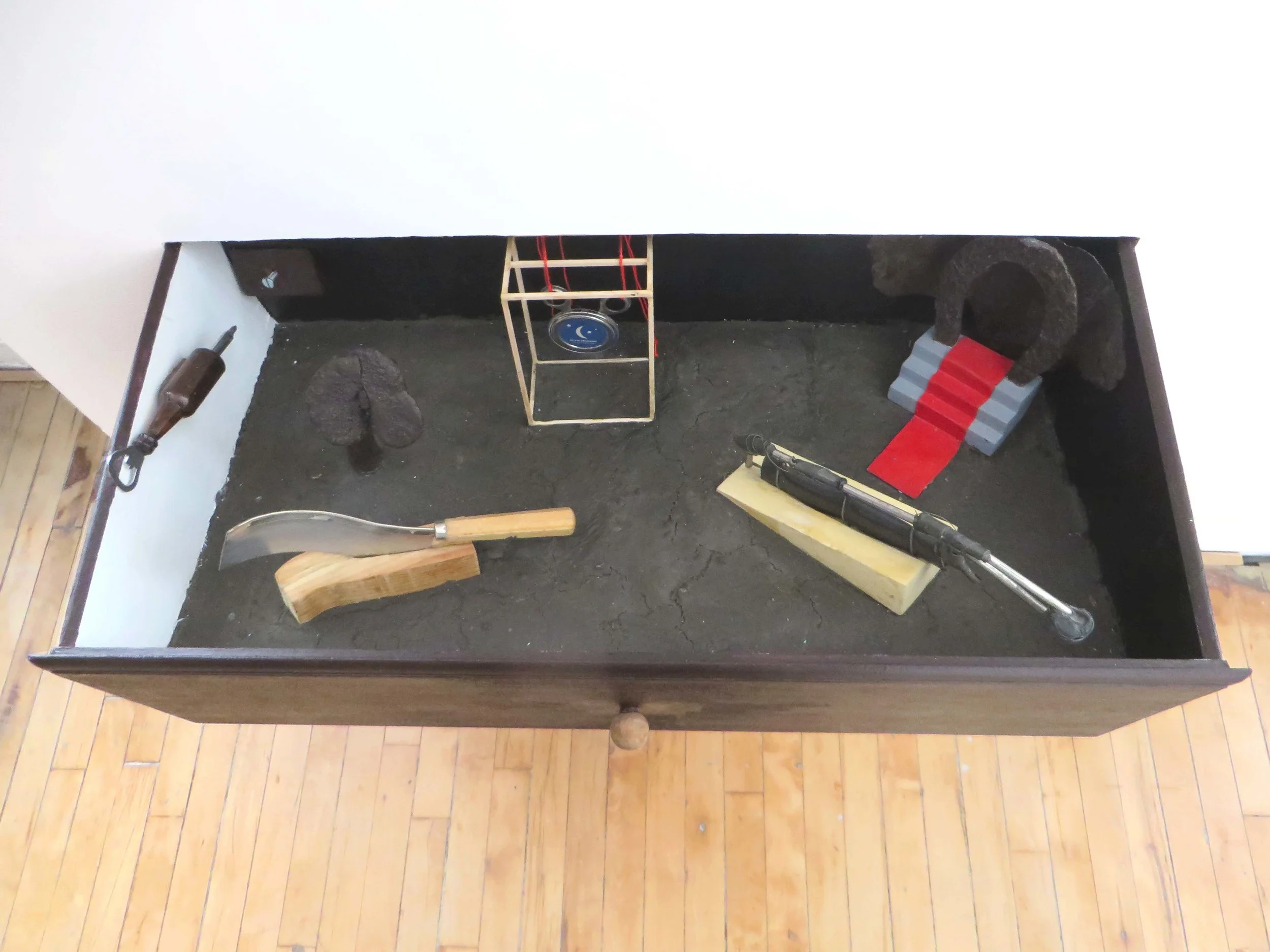  Michel Gerard Tools Inadequate to Function 2014 various objects, wooden drawer 9-1/2" x 32" x 16-1/2" 