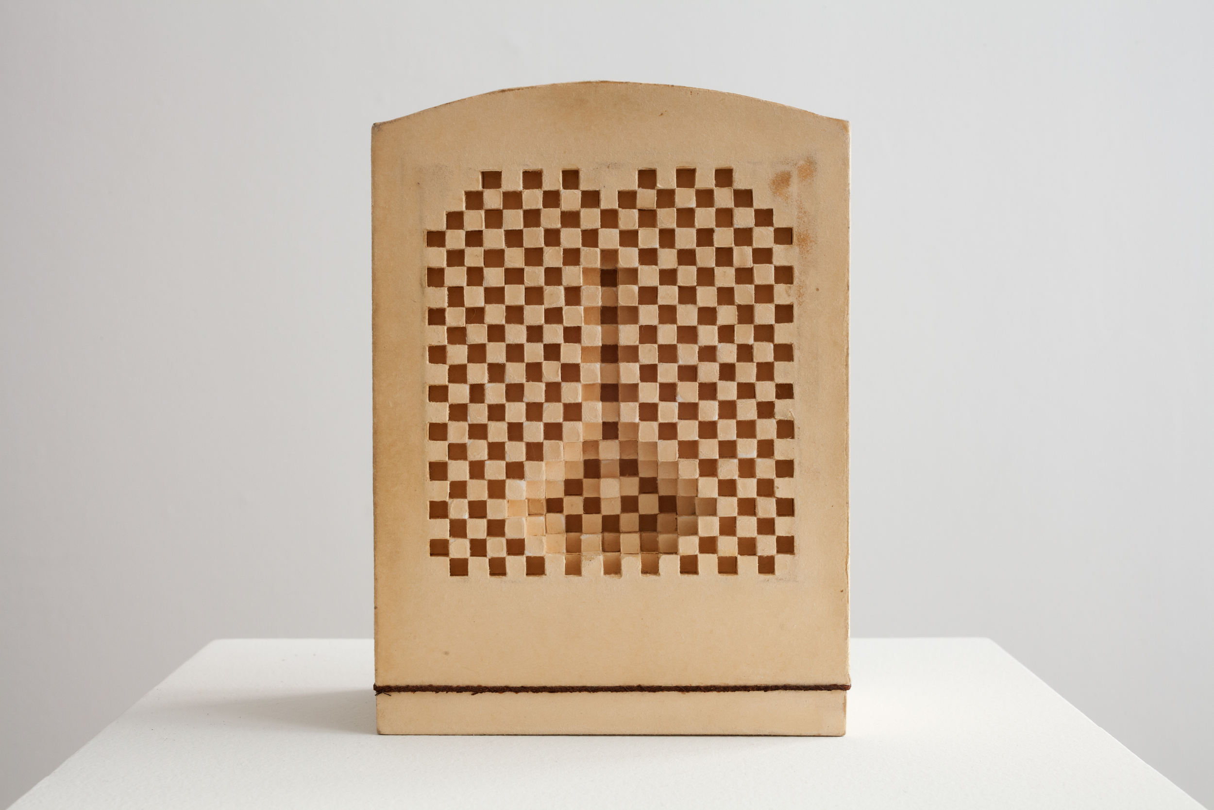 dan Waller regret six (verso) 1993 2-1/2” × 4-3/4” × 6-1/2” cardboard; paper, rusted metal, wire, found type, thorns and lace