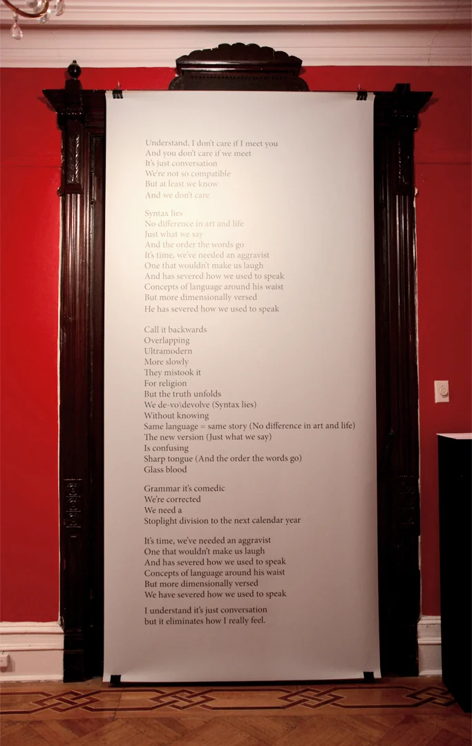 Todd Fink Syntax lies 2015 song lyrics printed on paper 119" x 54"