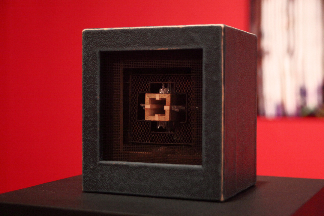 dan Waller shame four 1999-2012 cardboard, coated cloth, metal, metal screen, paper, glass, silk stocking, lace 4 1/2" x 5 1/8" x 5 3/4"