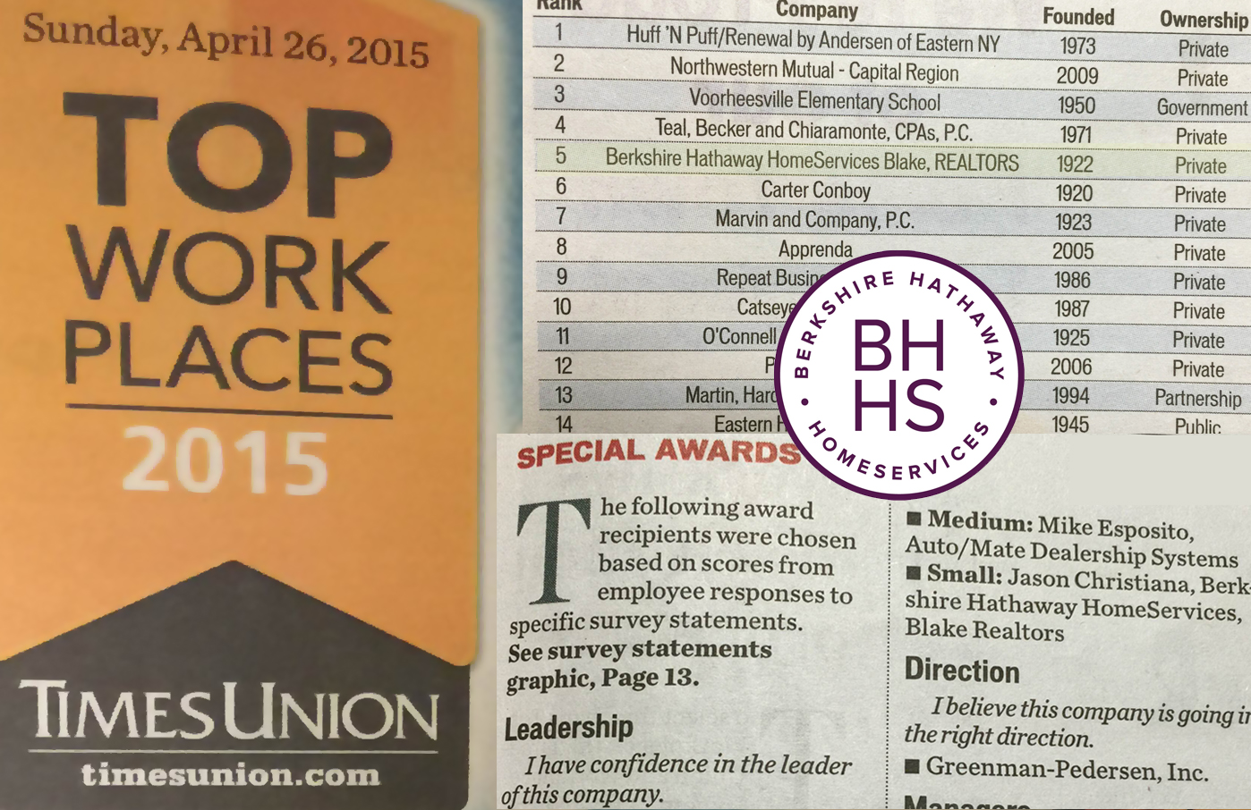 5th place ranking 2015 and Leadership Award based on scores from employee responses to specific survey statements. 3rd place ranking in 2016. 2nd place ranking in 2017.