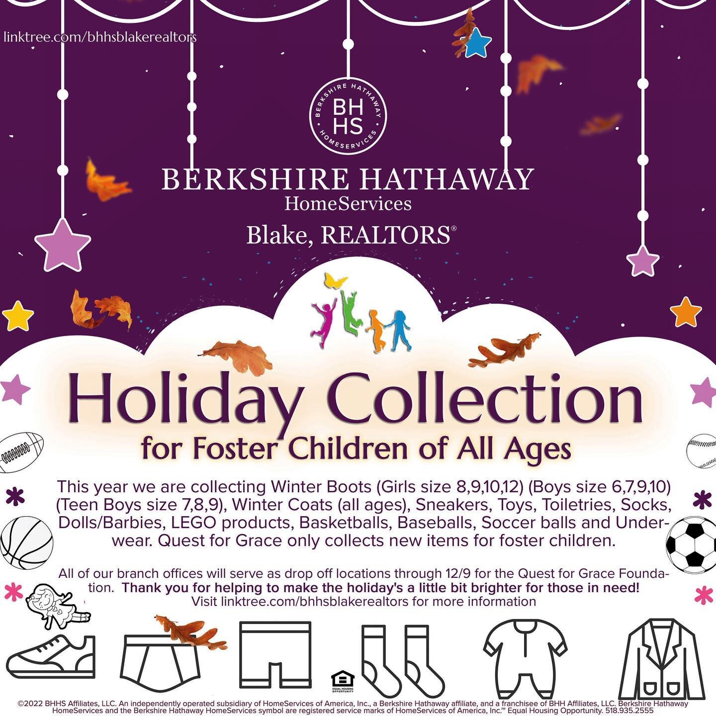 Our #holiday #collection for foster children has begun. All branch offices will serve as drop off locations through 12/12 this year. Follow link in bio for information about items we are collecting this year. #community #realtors #berkshirehathawayho