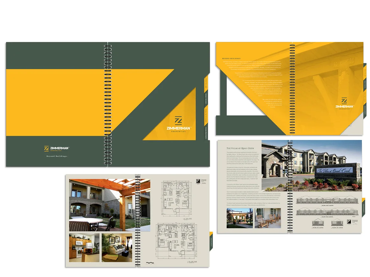 This corporate brochure design plays on the shape of the “Z” and its similarity to that of a carpenter’s square. Copy and content align with the theme of craftsmanship.