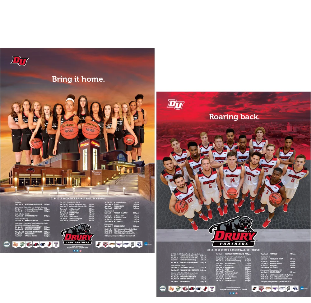 The Drury Panthers basketball program has a strong tradition of talent, hard work, unity—and well-designed schedule posters.