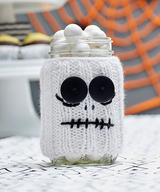 Halloween Treat: Spooky Skeleton Jar Cozy Free Knitting Pattern