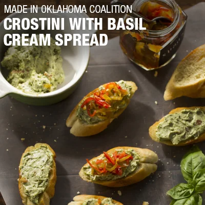 Crostini with Basil Cream Spread - from the Made In Oklahoma Coalition