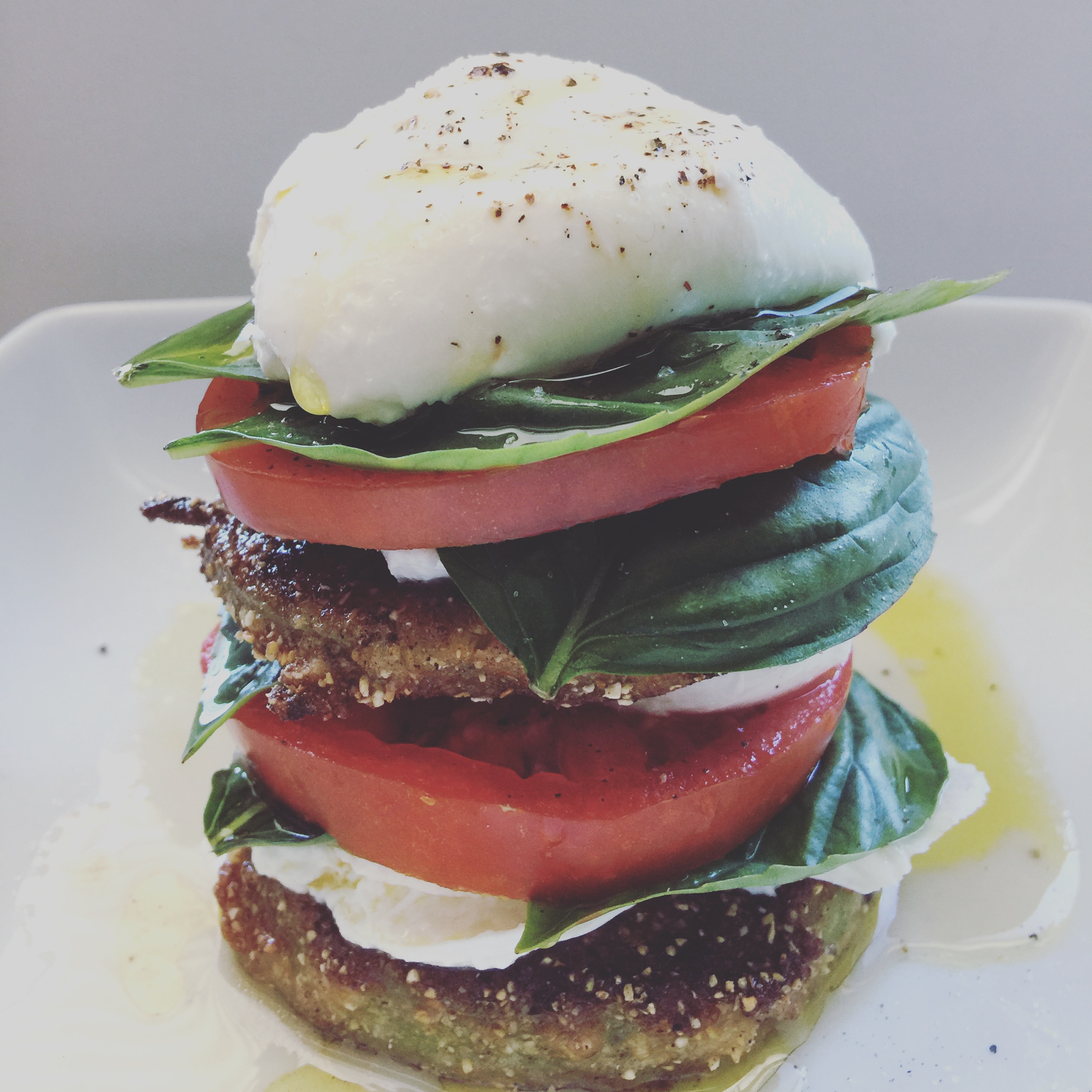  Fried green and red tomato caprese stack. 