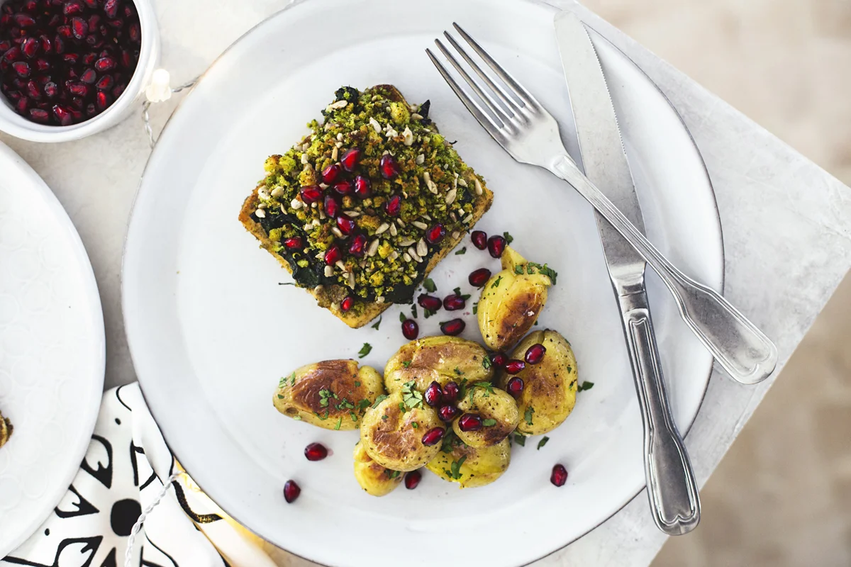 Christmas Tofu Roast with Cornbread Crumble & Roasted "Punched" Potatoes — Cocoon Cooks