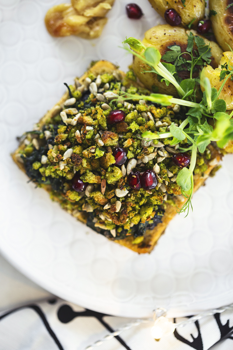 Christmas Tofu Roast with Cornbread Crumble & Roasted "Punched" Potatoes — Cocoon Cooks