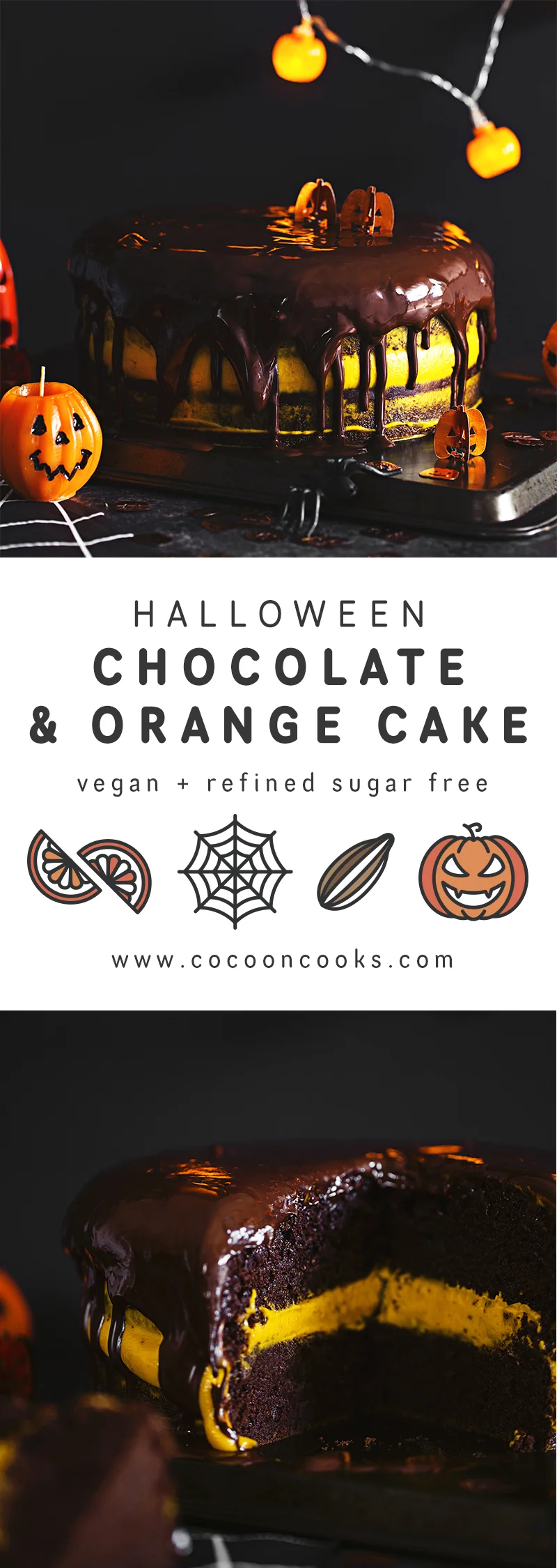 Vegan Halloween Recipe: deliciously fluffy and moist Chocolate &amp; Pumpkin Cake, frosted with an Orange Cashew “Buttercream”.