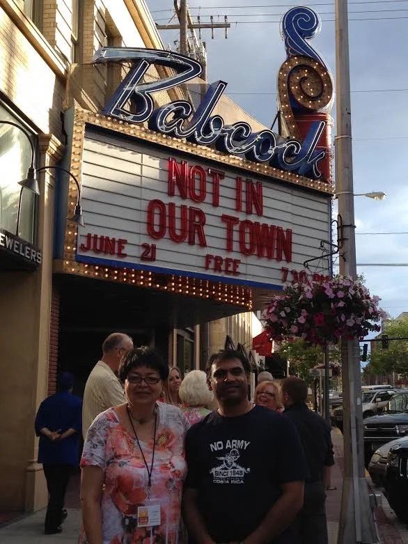 Retired Unit 5 educator Camille Taylor and Bloomington Human Relations Commissioner Suresh Krishna visit the birthplace of the Not In Our Town movement, Billings, Montana.