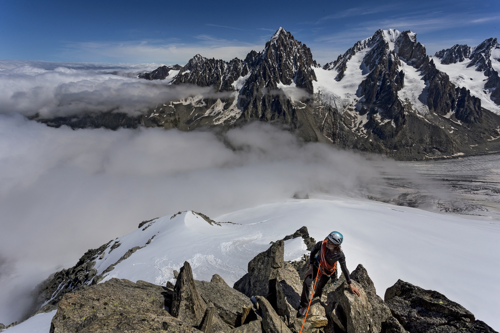  Natalie Berry climbing above the&nbsp;Argentière Glacier and a perfect cloud inversion 