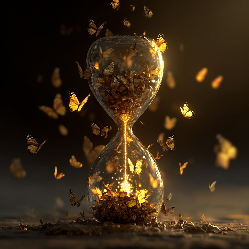 Golden butterflies emerging from an hourglass, symbolizing Living the Path — embodied practice, creativity, and transformation.