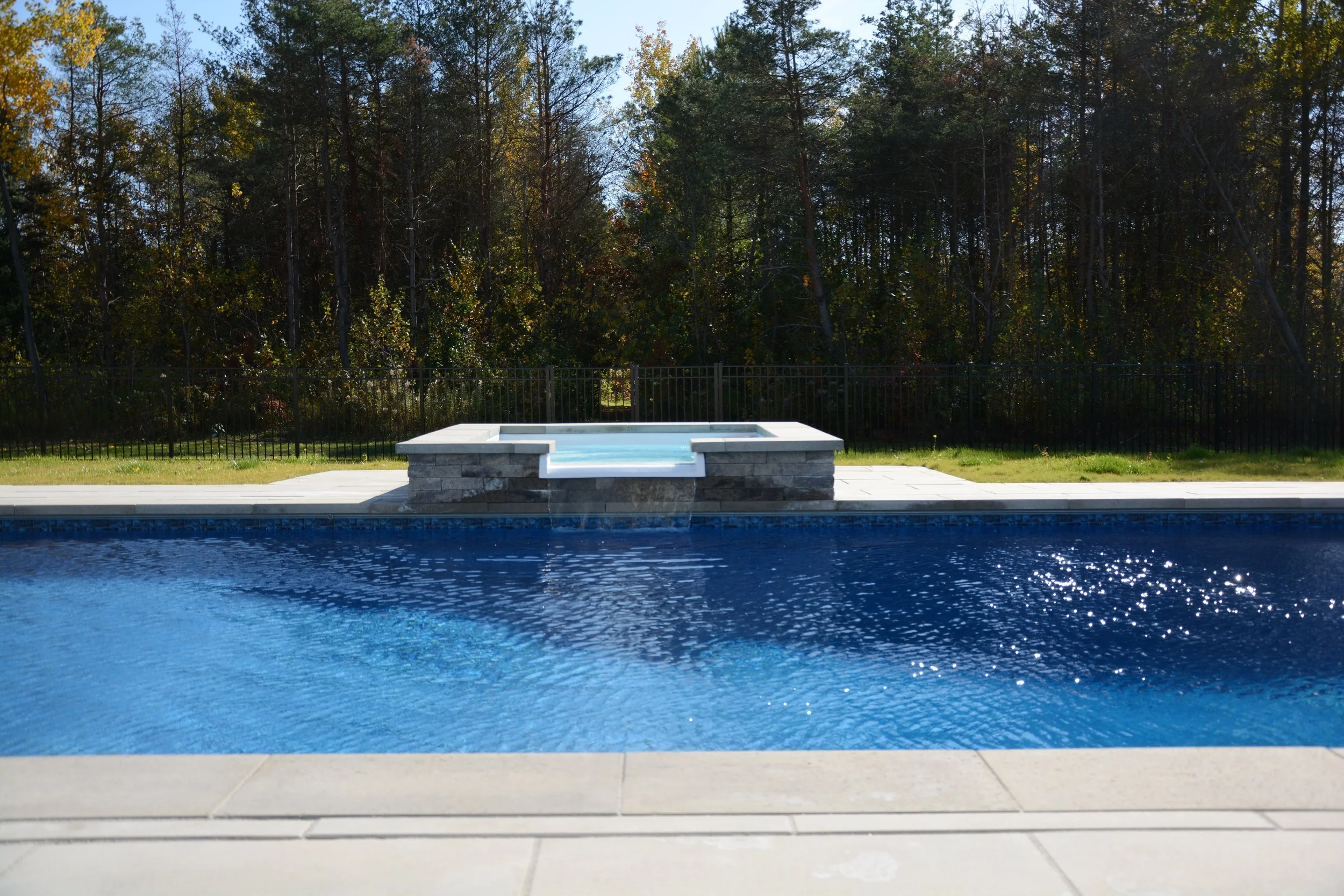 Clear blue swimming pool with a raised hot tub in the background, surrounded by a stone deck and a grassy area with trees behind a black fence.