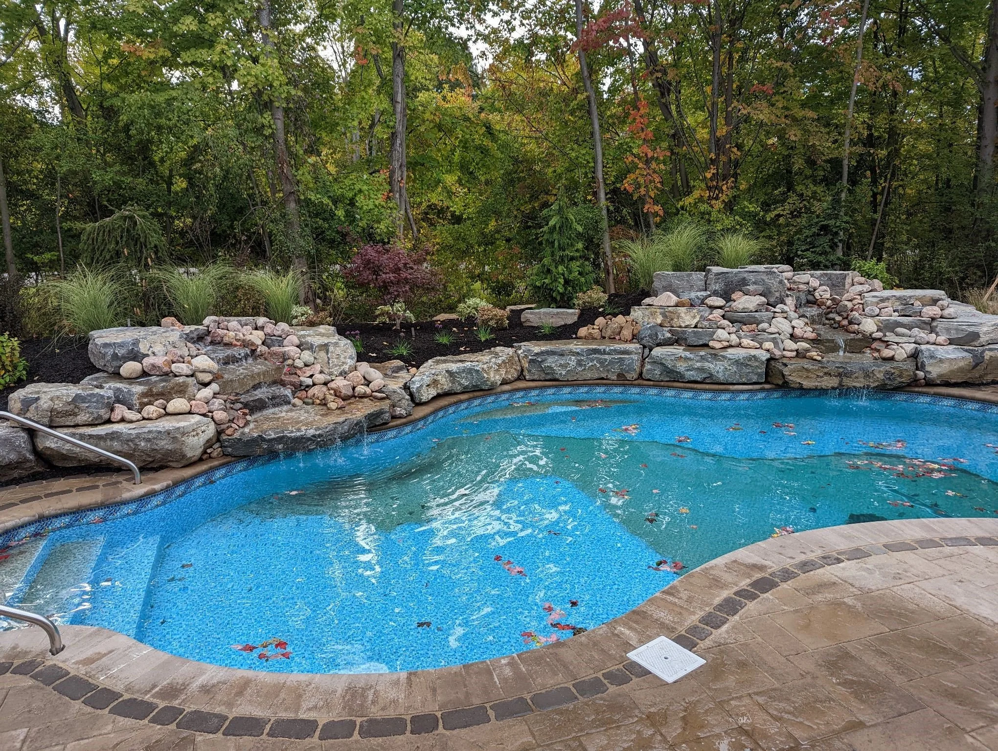 A backyard swimming pool with floating autumn leaves, surrounded by stone landscaping and lush trees in the background.