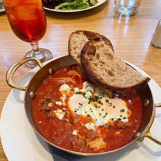 Beautiful day for a celebratory brunch. Portland is gaining a gem in @thekaterer 🥂 Baked Eggs {spicy tomato, feta, merguez sausage, grilled bread} plus Negronis and Spritzes