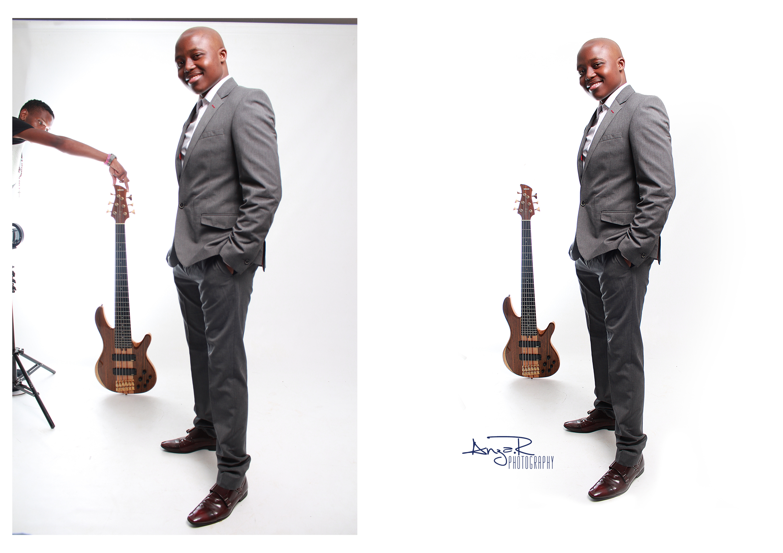 Kamu had to hold the guitar as it was to heavy for it to stand alone and the stand was not going to look that good so we just handheld it removed everything in Ps as with photoshop anything is possible haha.