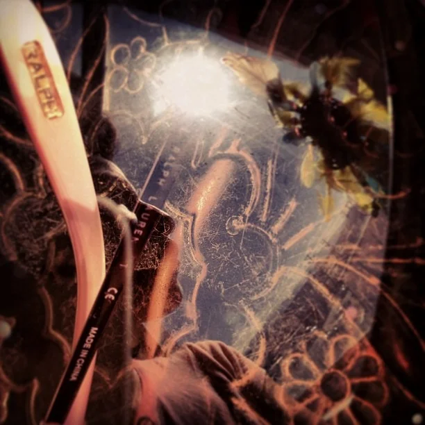 #beautiful #day #looking #out the #studio #window #sunglasses #ontop of my #desk #sun #reflection #Chucotown &amp; #Juarez on the #horizon