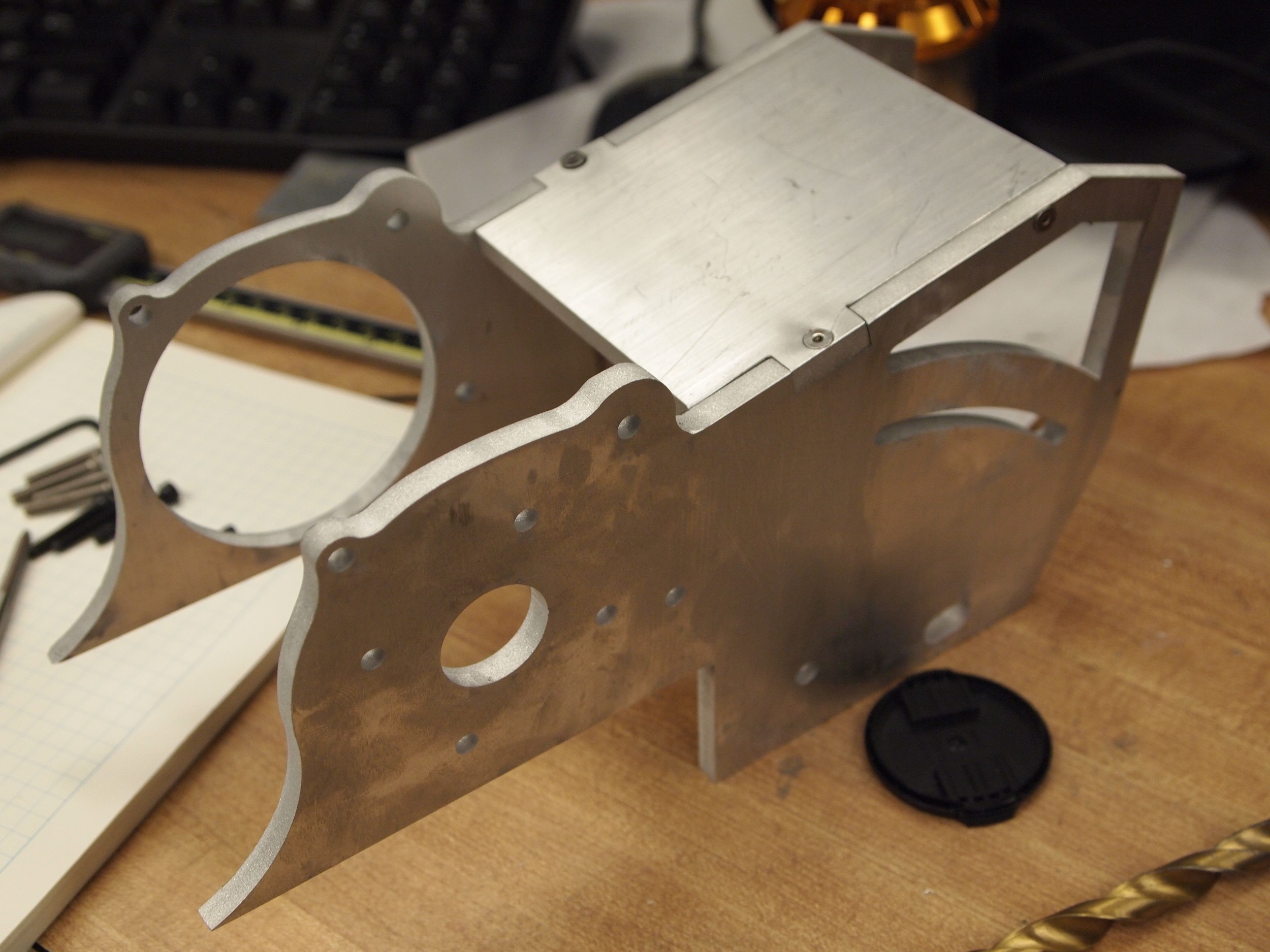 The back wheelpod being assembled. These parts are waterjet-cut and milled 1/4" 6061 aluminum.