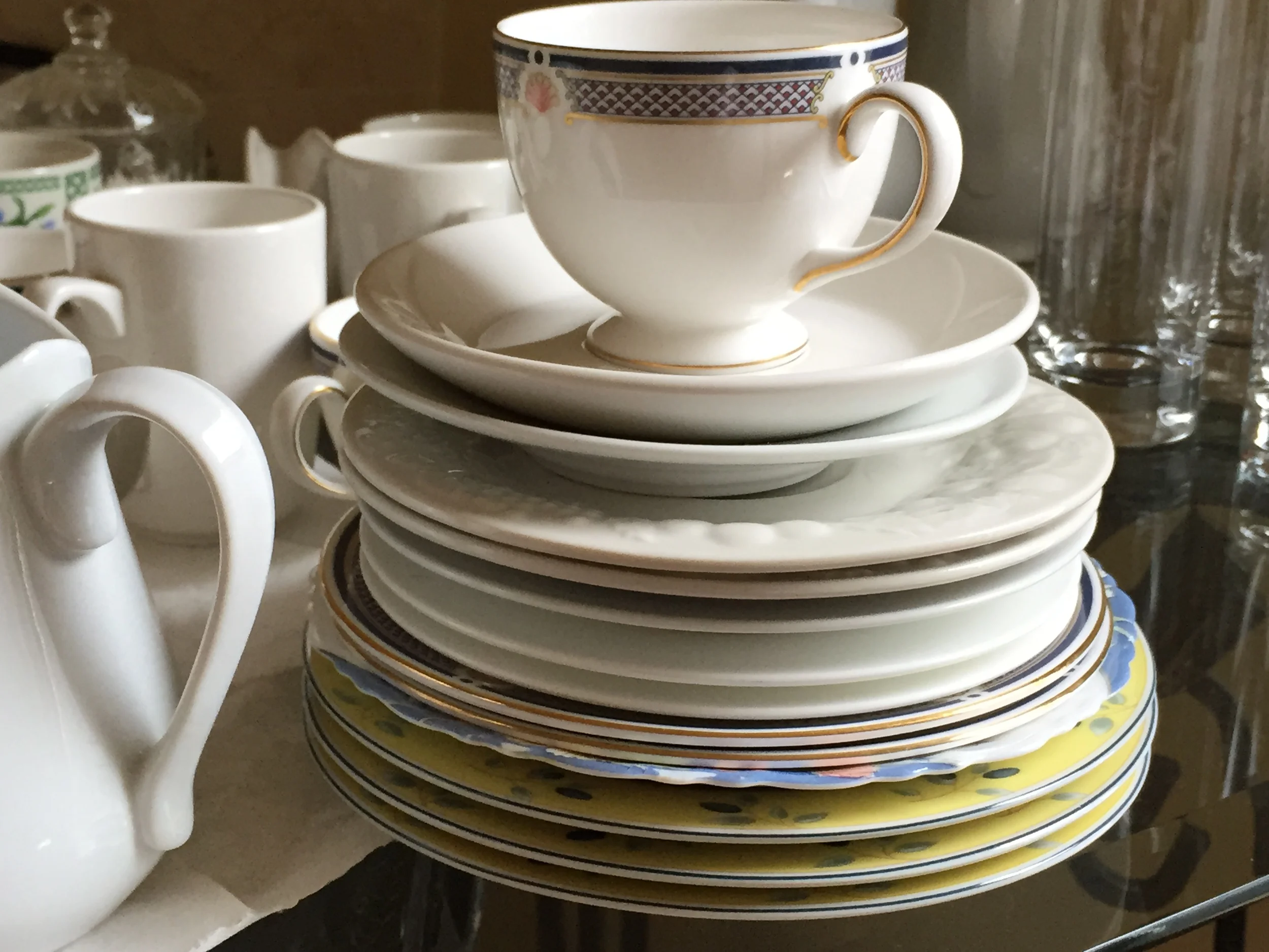 Stacked white dishes