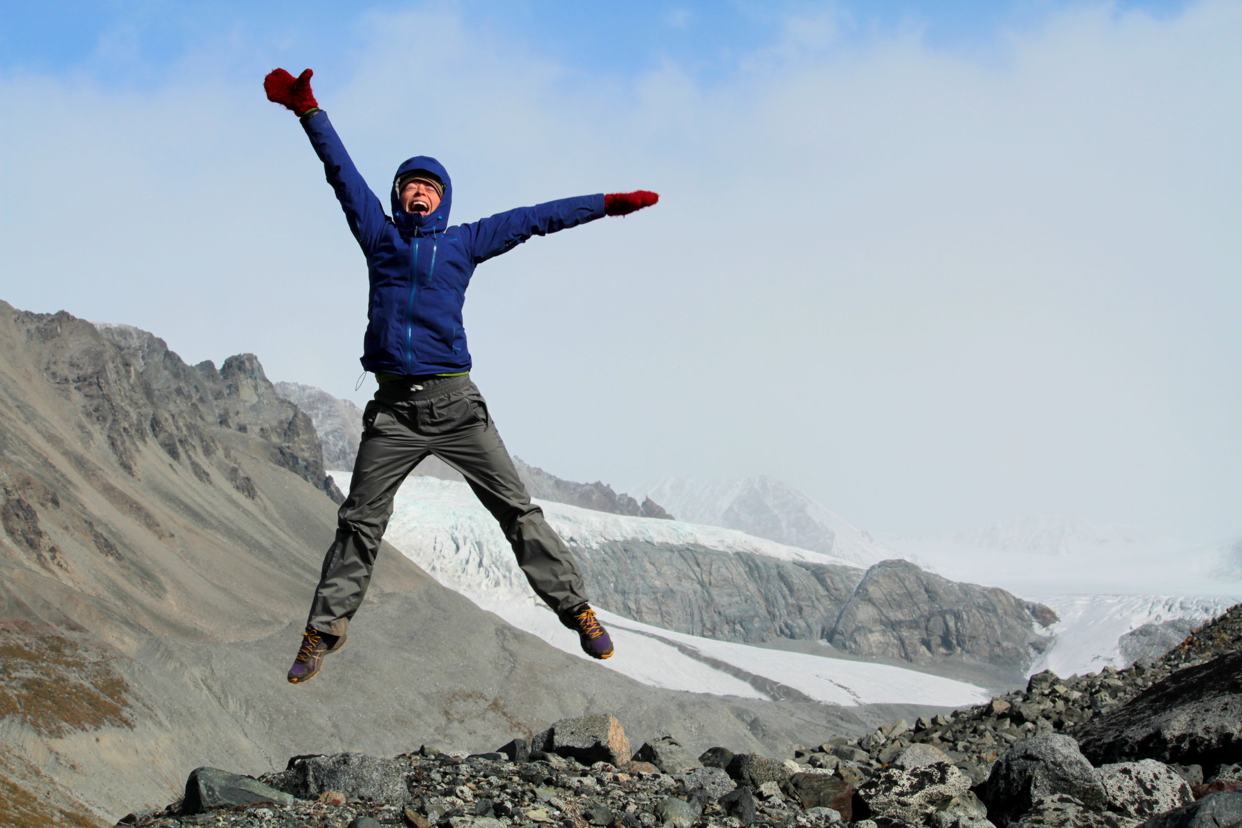 Being overjoyed at the Gulkana Glacier in the Alaska Range, photo by Bryce Weibley