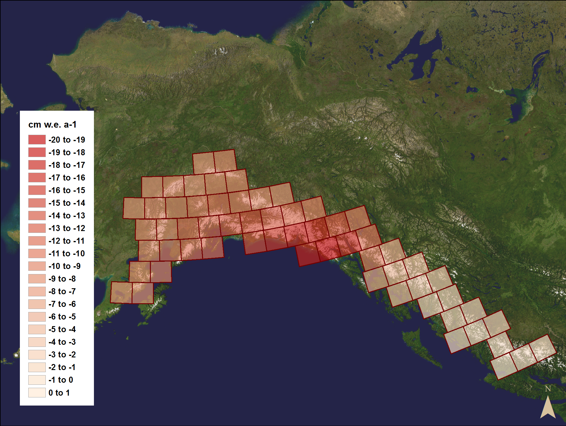 The average annual mass changes from glacier mass loss for the Gulf of Alaska for 2003 - 2014, expressed as a water equivalent depth, as derived from NASA's GRACE gravimetry satellites