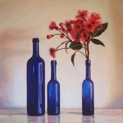 Blue Bottles and Flowering Gum Oil on Canvas, 41cm x 41cm