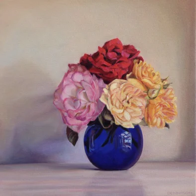 Roses and Blue Vase Oil on Canvas, 35.5cm x 35.5cm