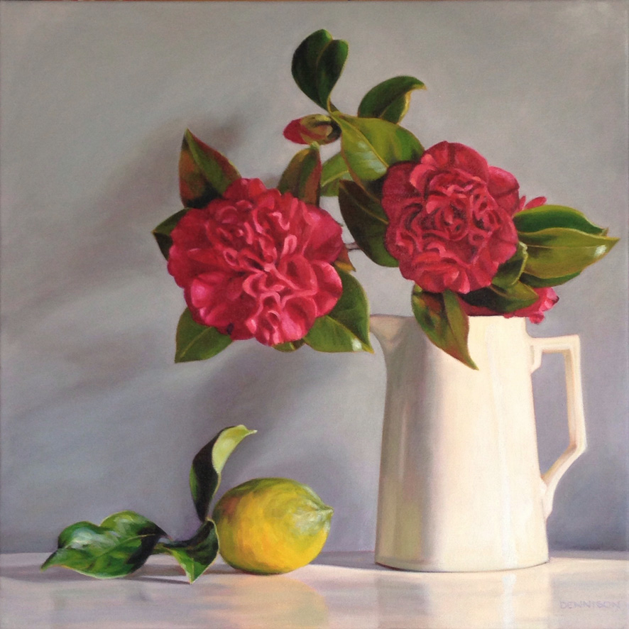 Red Camellia and Lemon Oil on Canvas, 51cm x 51cm