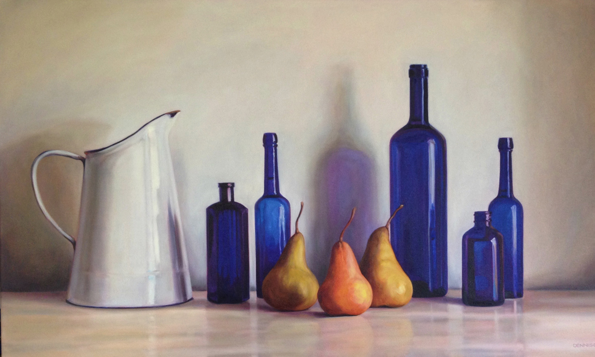 Still Life with Blue Bottles and Pears Oil on Canvas, 61cm x 101cm