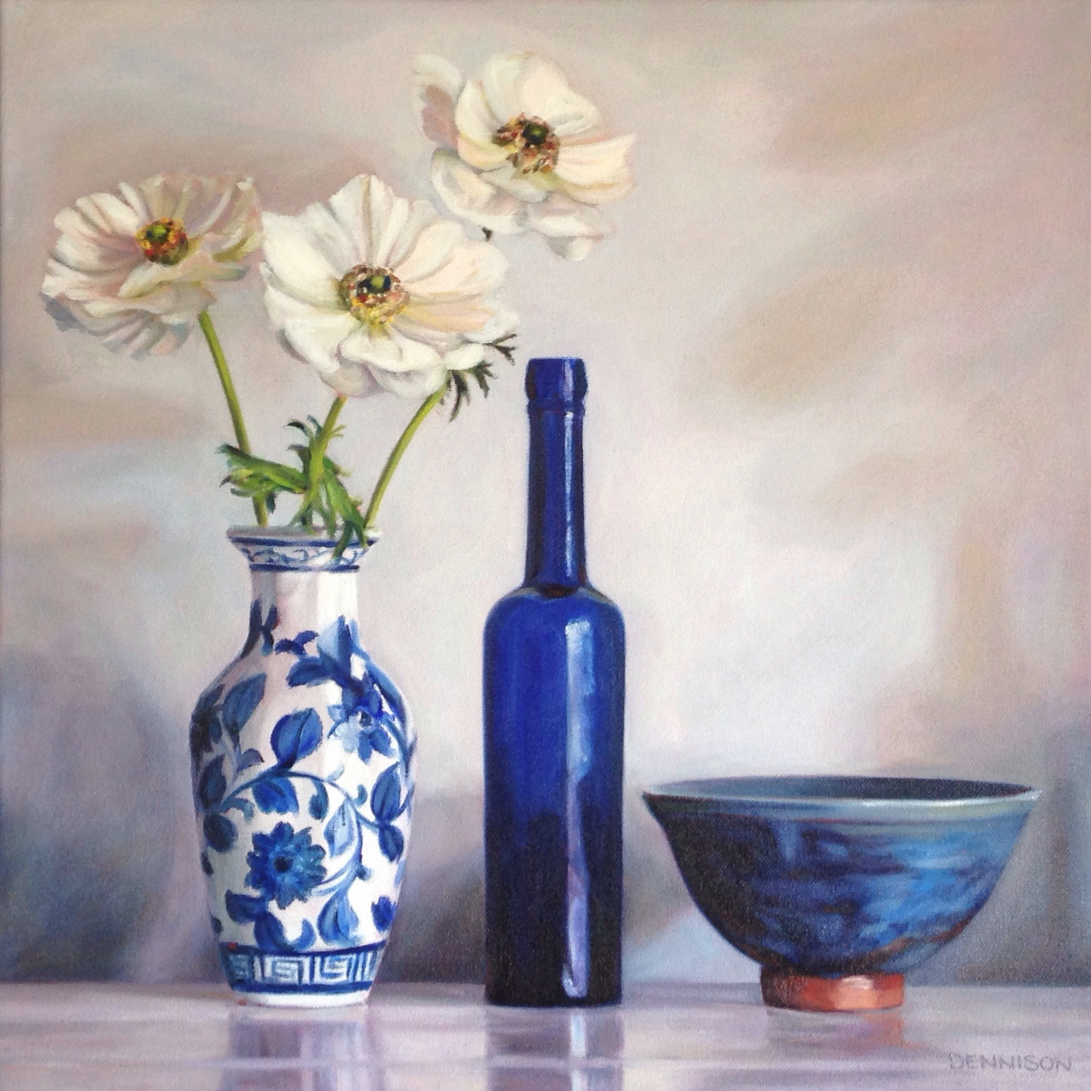 Blue Bottle and White Anemones   Oil on Canvas, 41cm x 41cm