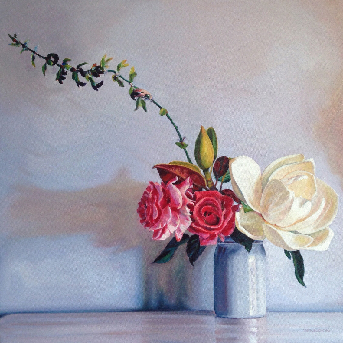 Magnolia with Roses and Salvia   Oil on Canvas, 61cm x 61cm