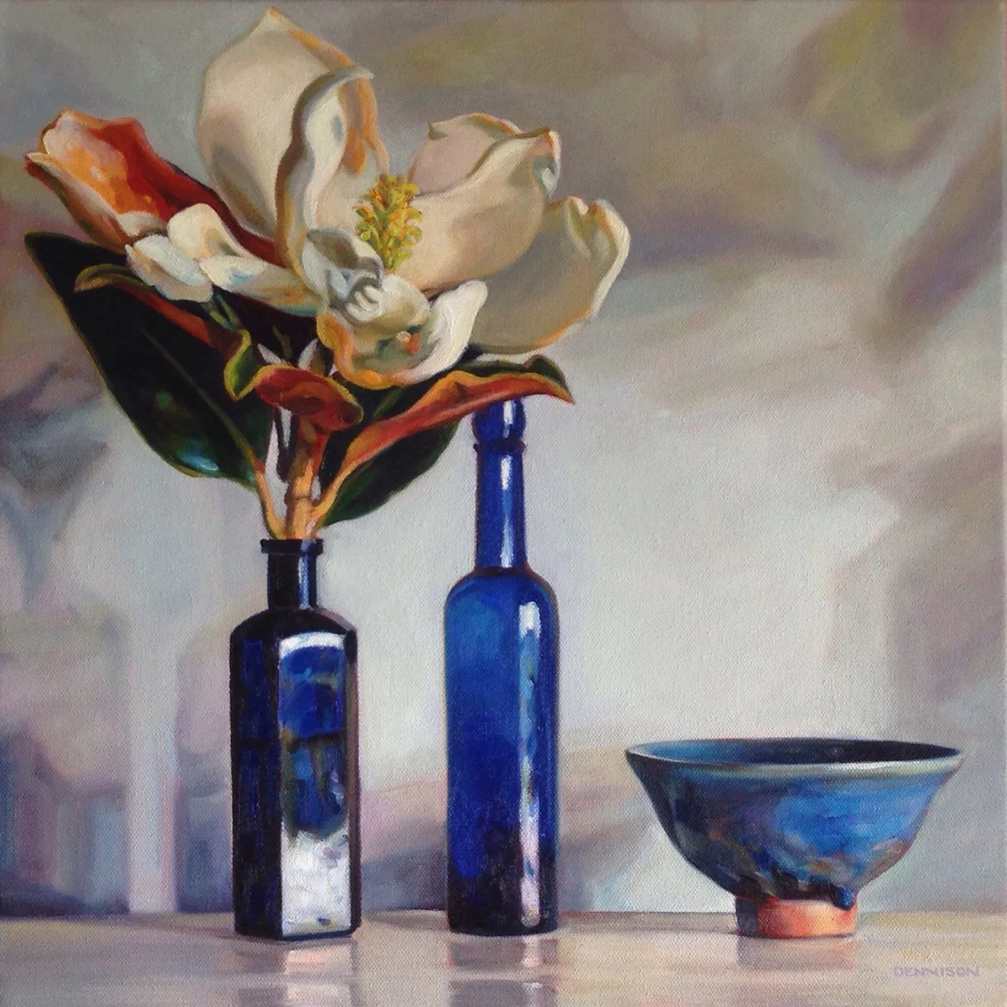 Little Gem Magnolia and Blue Bottles   Oil on Canvas, 41cm x 41cm