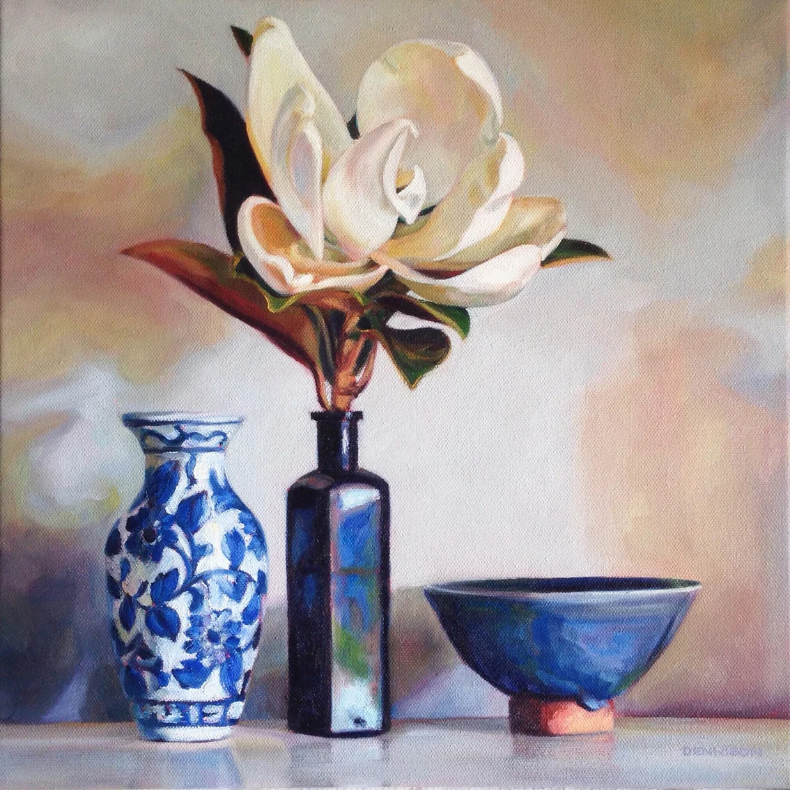 Blue and White Still Life with Little Gem Magnolia   Oil on Canvas, 35cm x 35cm