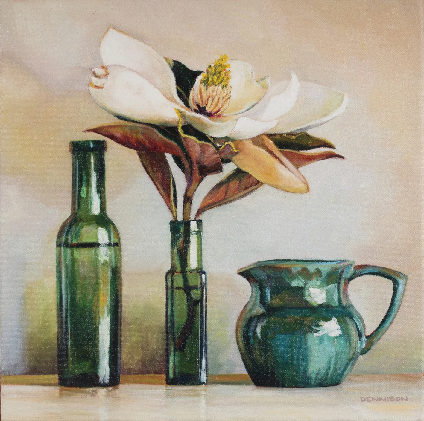 Little Gem Magnolia and Green Bottles   Oil on Canvas, 35cm x 35cm