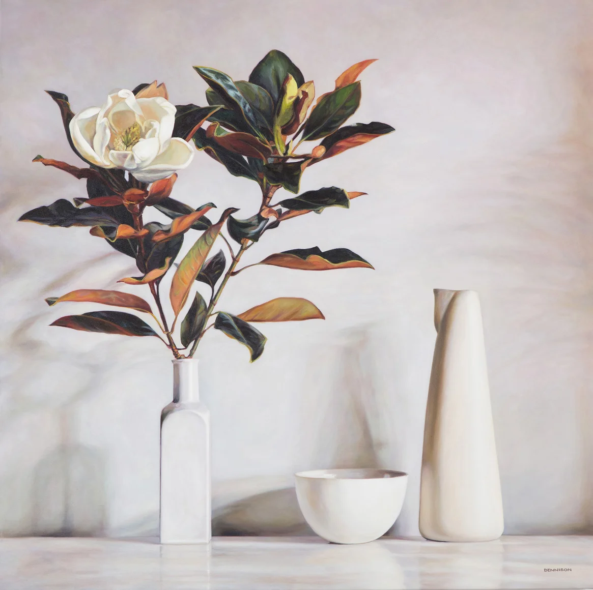 White Still Life with Magnolia Oil on Canvas, 100cm x 100cm