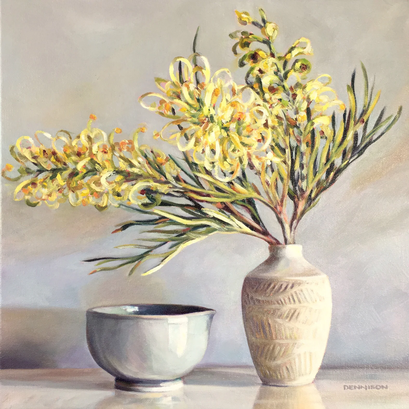 Calm Ceramics with Grevillea Oil on Canvas, 36cm x 36cm