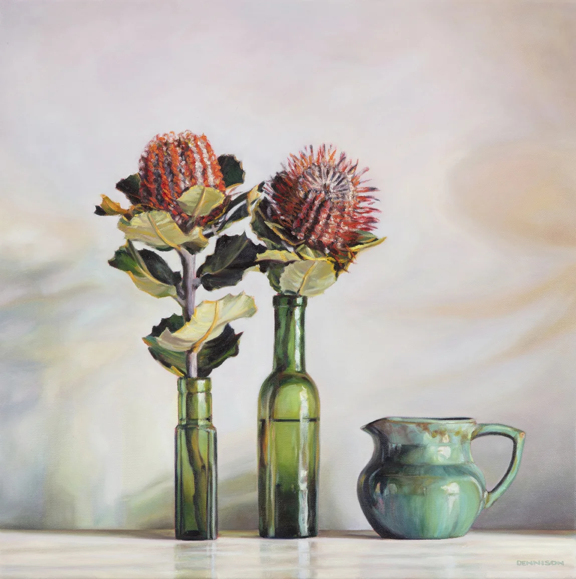 Green Bottles and Banksia CoccineaOil on Canvas, 50 x 50cm
