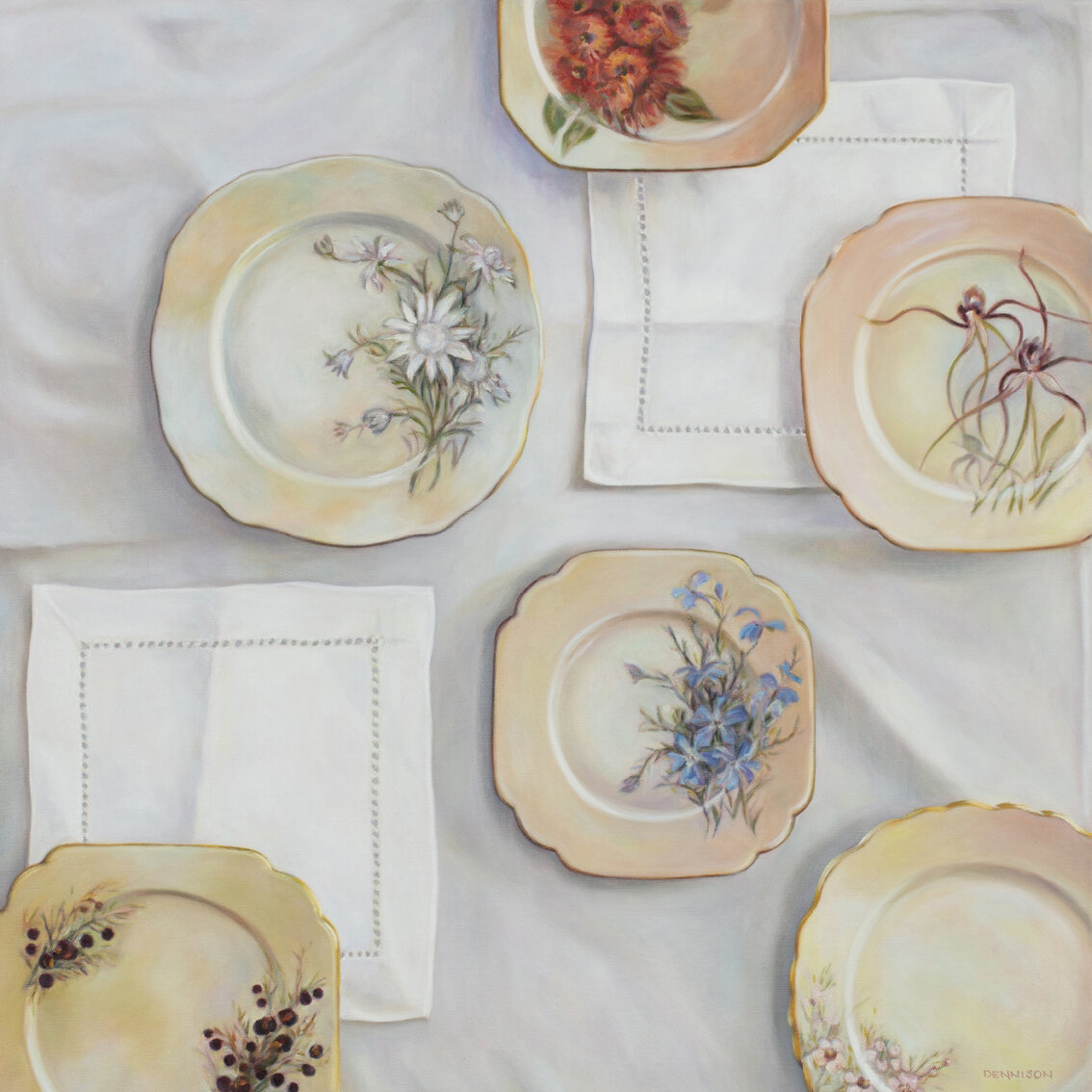Wildflower Plates   Oil on Canvas, framed, 70 x 70cm, $2750