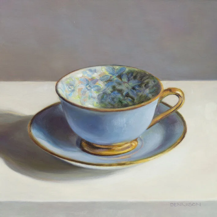 Flora Teacup, Blue   Oil on Composite Panel framed, 20.3 x 20.3cm, SOLD