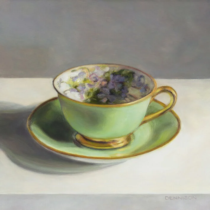 Flora Teacup, Blue Green   Oil on Composite Panel framed, 20.3 x 20.3cm, SOLD