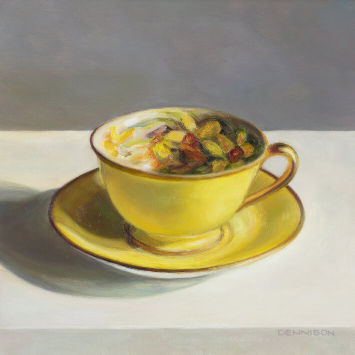 Flora Teacup, Yellow   Oil on Composite Panel framed, 20.3 x 20.3cm, SOLD