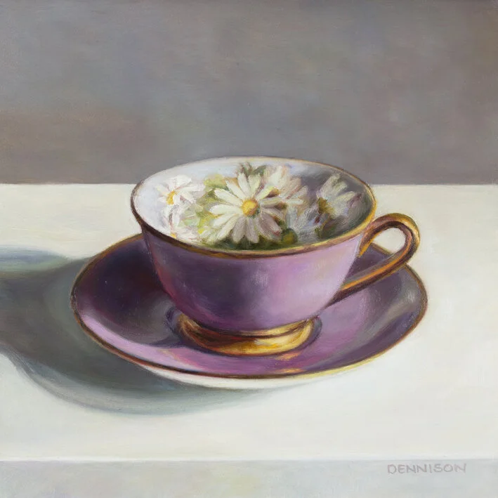 Flora Teacup, Purple   Oil on Composite Panel framed, 20.3 x 20.3cm, SOLD