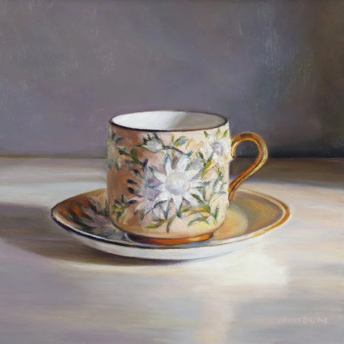 Wildflower Teacup, Flannel Flower   Oil on Composite Panel framed, 20.3 x 20.3cm, $850