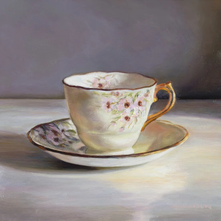 Wildflower Teacup, Geraldton Wax   Oil on Composite Panel framed, 20.3 x 20.3cm, $850