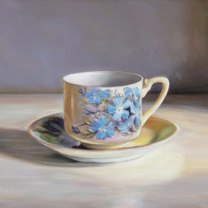 Wildflower Teacup, Leschenaultia   Oil on Composite Panel framed, 20.3 x 20.3cm, $850