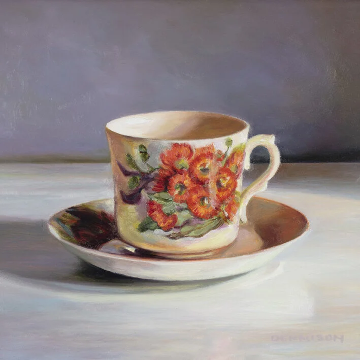 Wildflower Teacup   Oil on Composite Panel framed, 20.3 x 20.3cm, $850