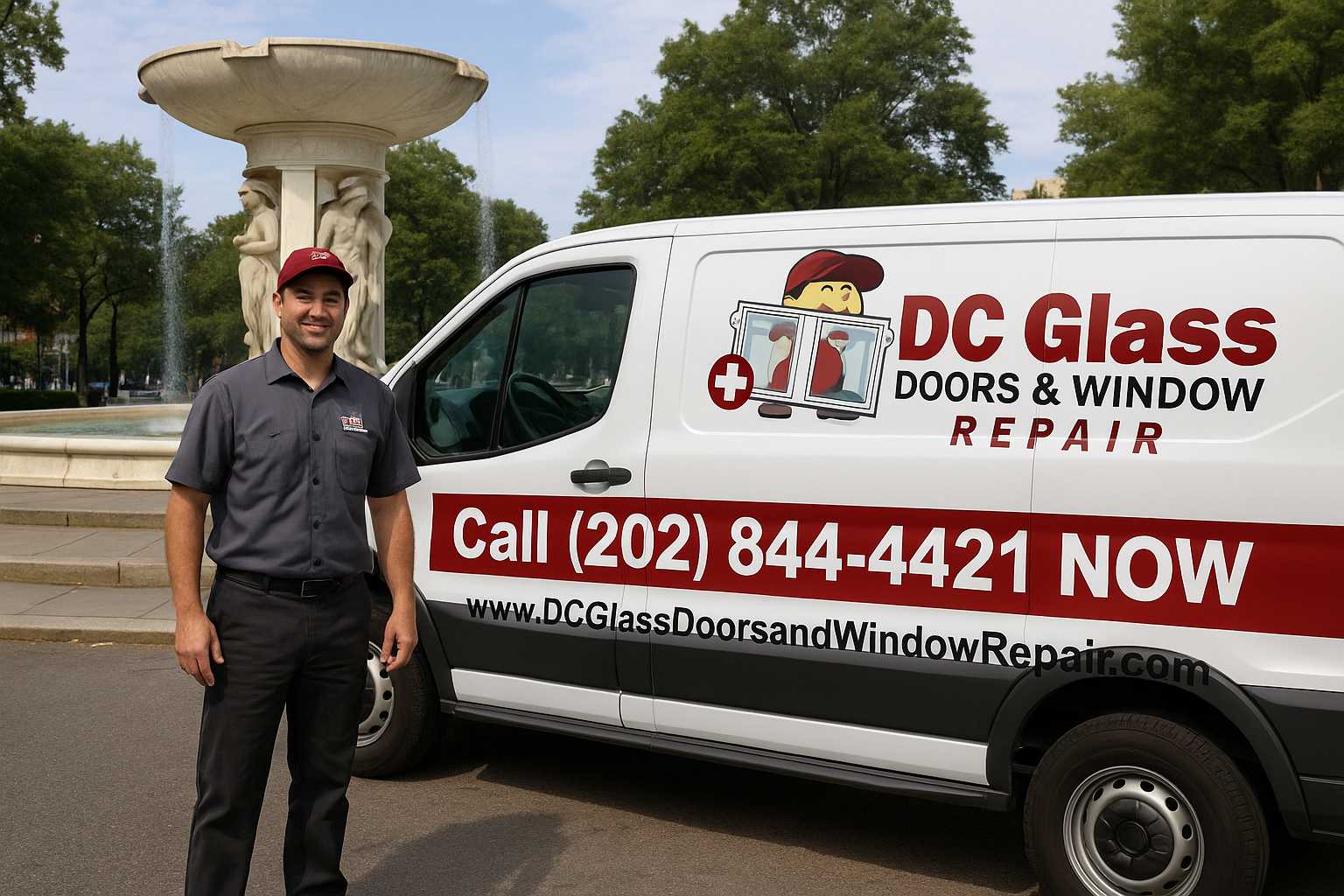 glass company in front of dupont circle fountain after finishing glass repair in dupont circle washington dc
