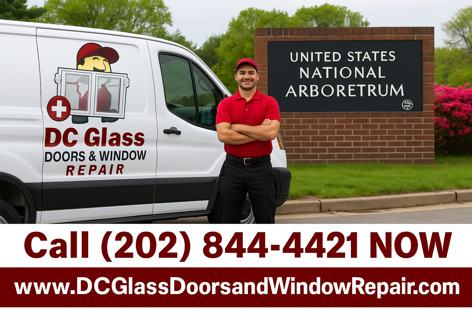 glass repair company infront of United states national arboretrum in brentwood washington dc