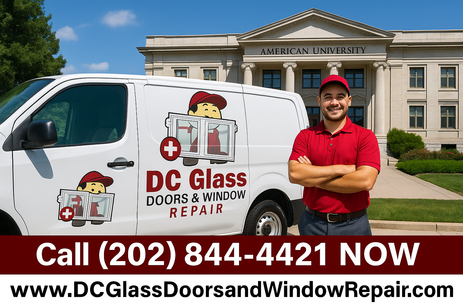 glass company truck and glass repair man infront of american university dc